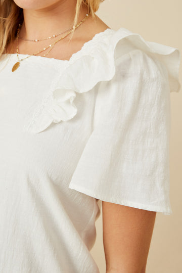 HK1736 OFF WHITE Womens Lace Trimmed Wide Ruffle Detail Top Gif